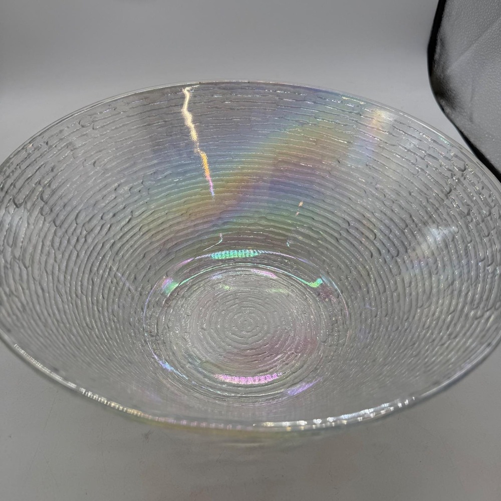 Vintage Anchor Hocking Iridescent Ribbed Glass Serving Bowl Clear Pearlescent